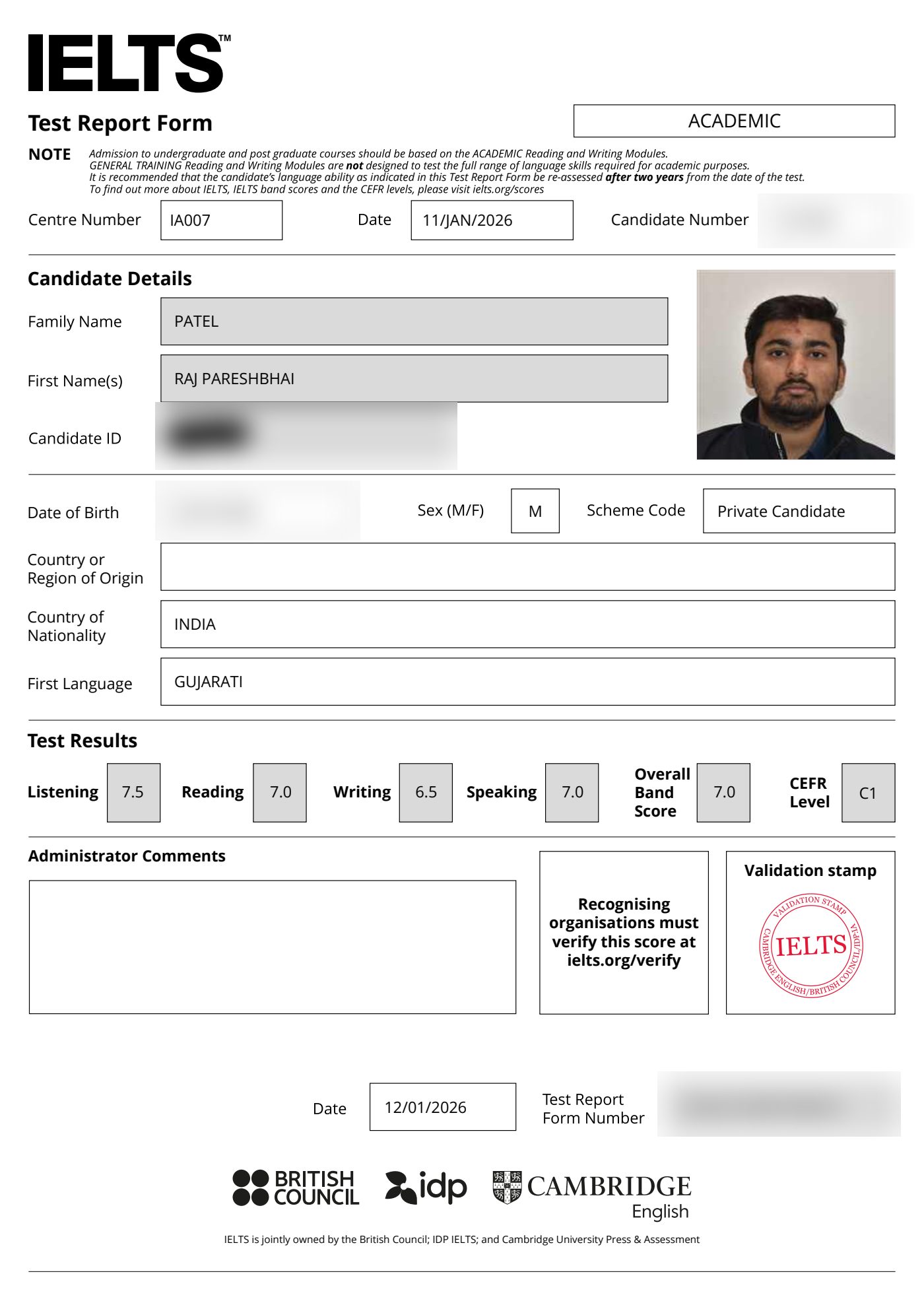 IELTS test report form, overall band 7.0